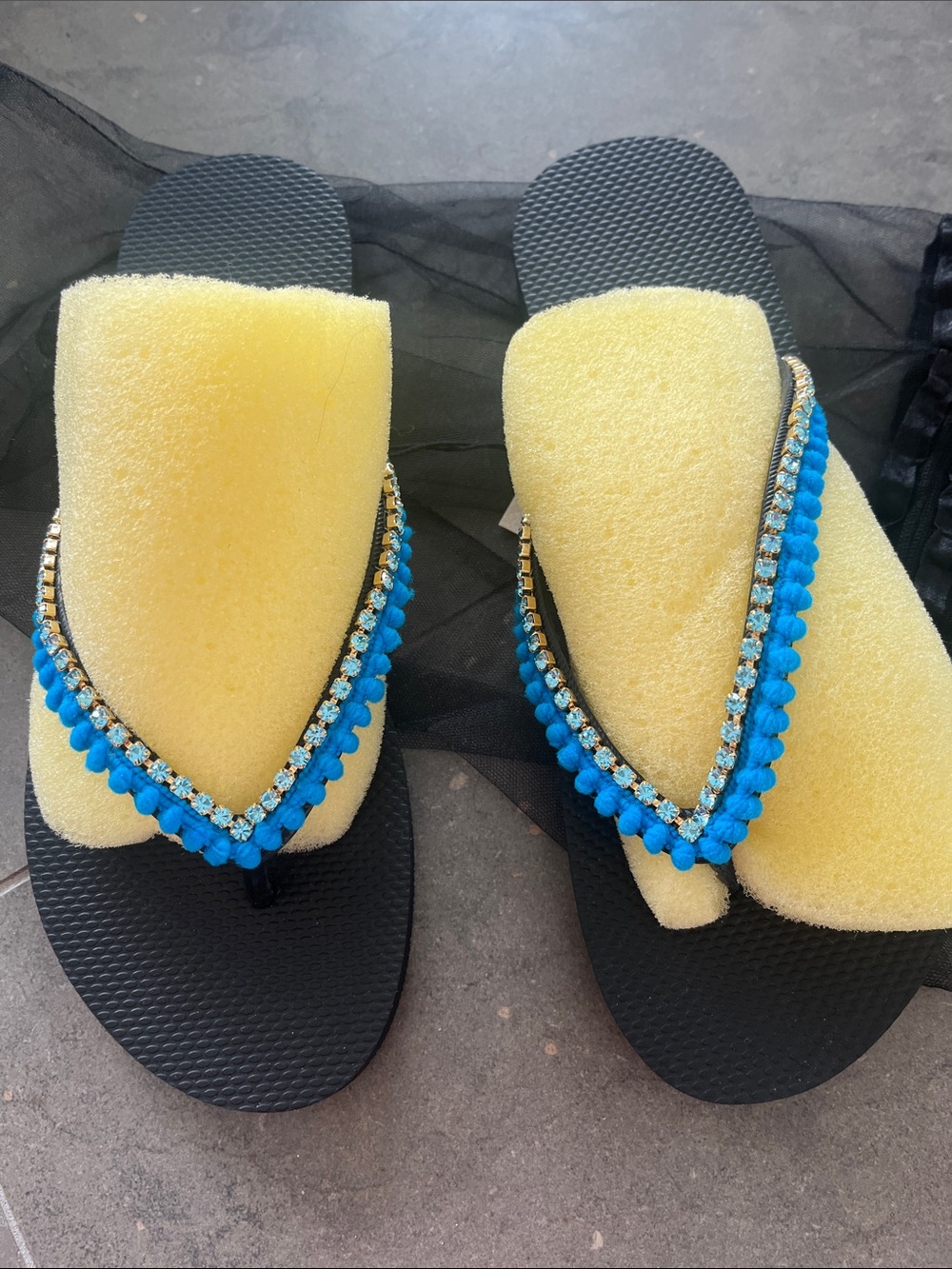 Mystique Boutique Black Flip Flop Sandals with Bright Blue Stone and MiniAccents